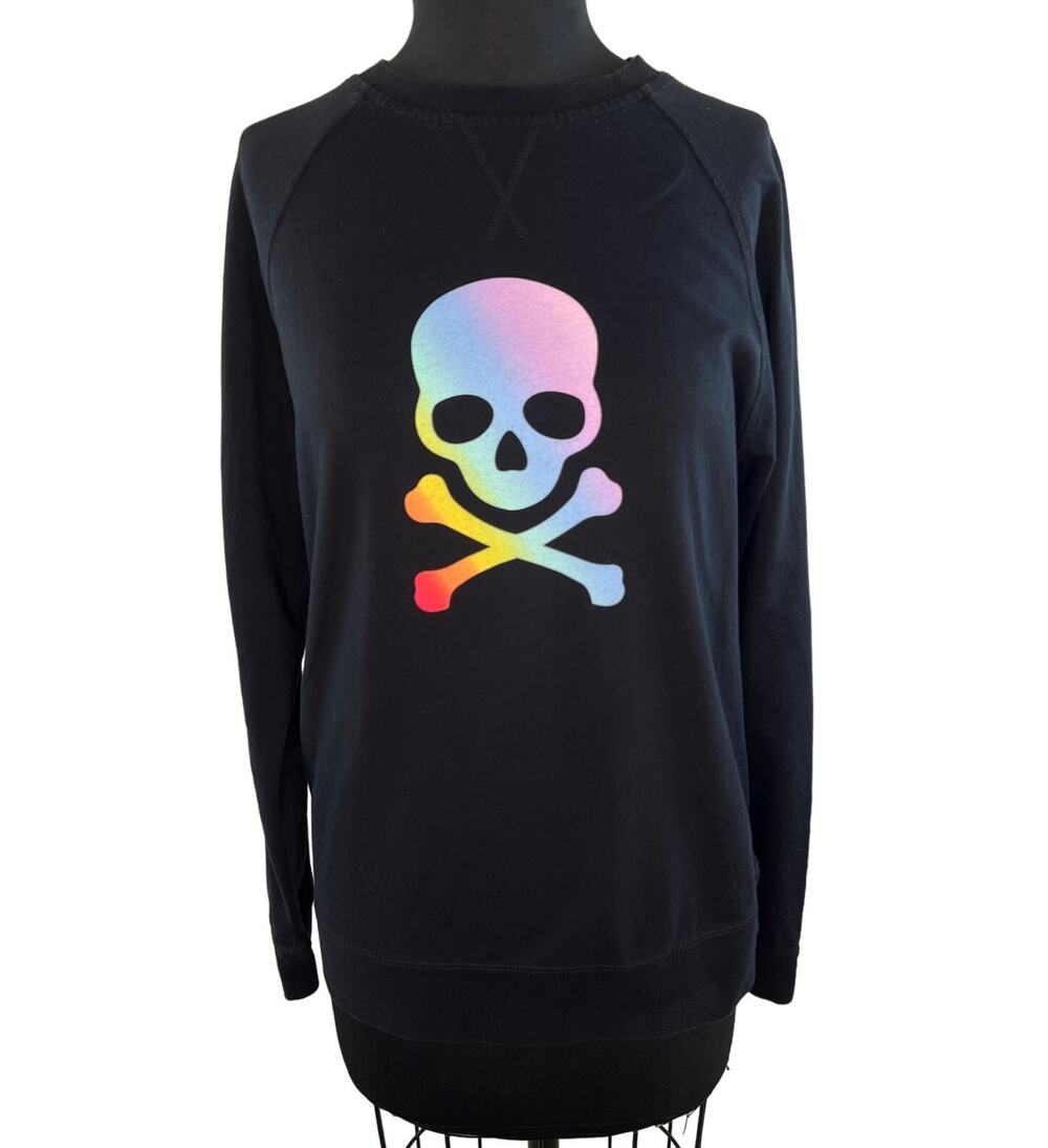 SOULCYCLE Black Rainbow Skull Spellout Sleeve Crewneck Pullover Top Size Small S